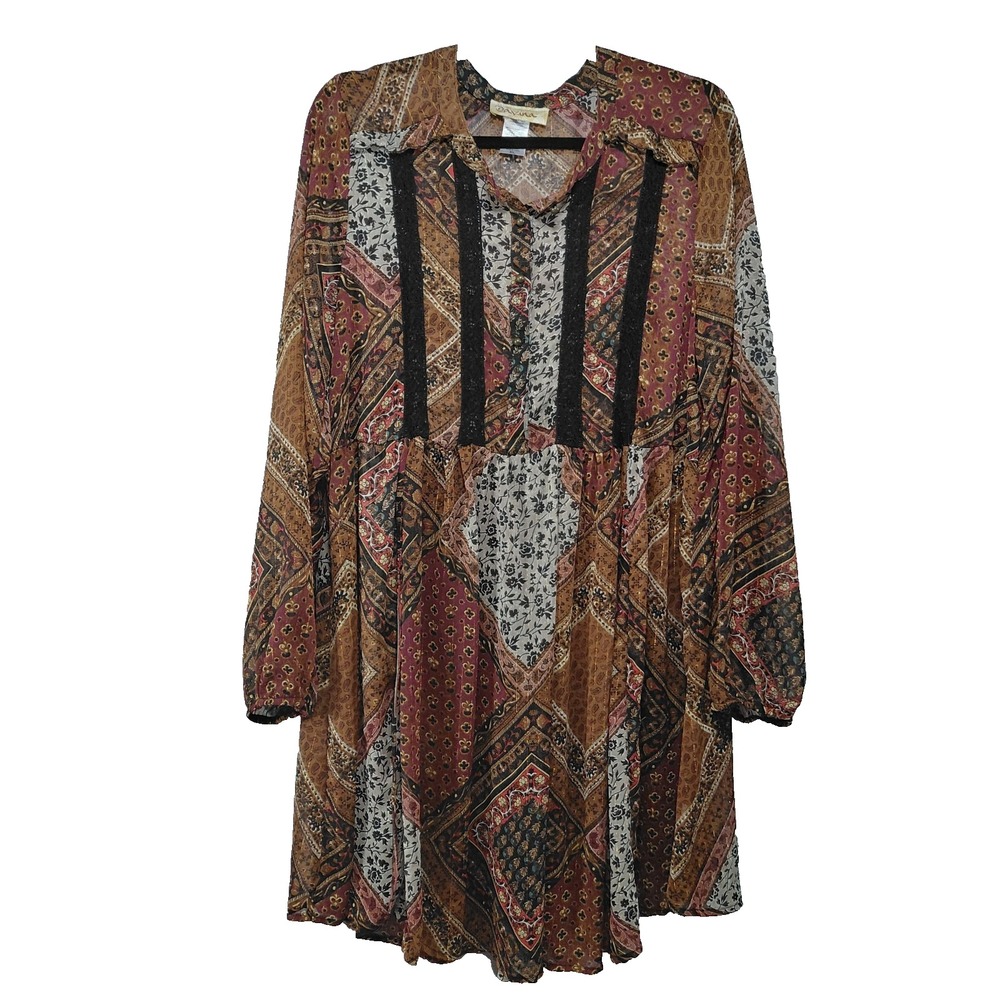 Davina Sheer Tunic Top Women's XL Side Ties Long Balloon Sleeves Mixed Print